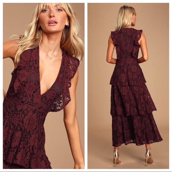 NWOT Lulus Molinetto Burgundy Lace Ruffled Tiered Sleeveless Maxi Dress - Picture 9 of 16